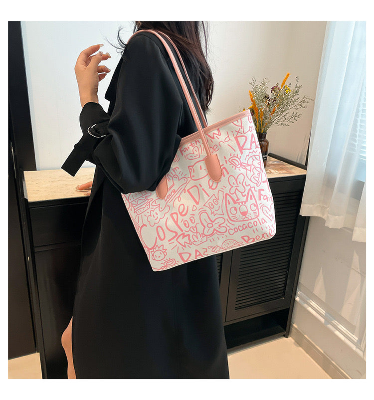 👜 Tote Bag Graphique – Noir / Rose / Blanc