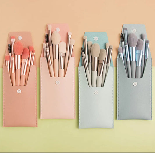 Set de 8 pinceaux maquillage + pochette – Bleu gris ou Rose saumon