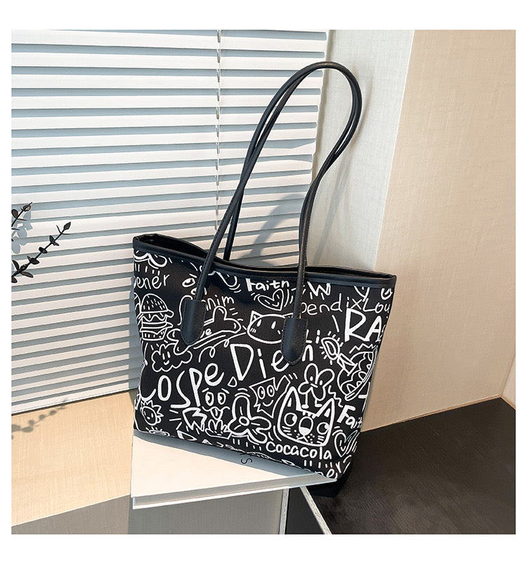 👜 Tote Bag Graphique – Noir / Rose / Blanc