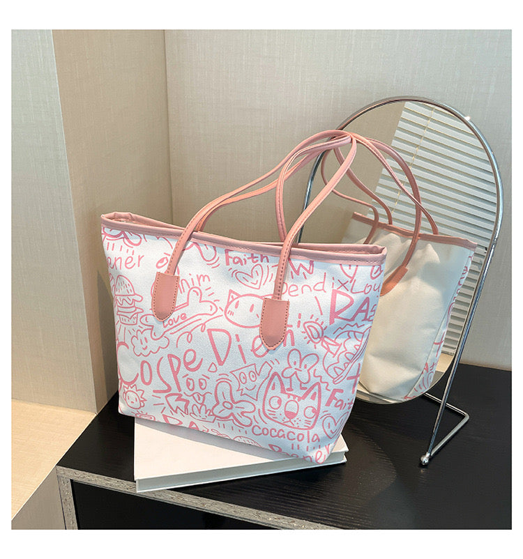 👜 Tote Bag Graphique – Noir / Rose / Blanc