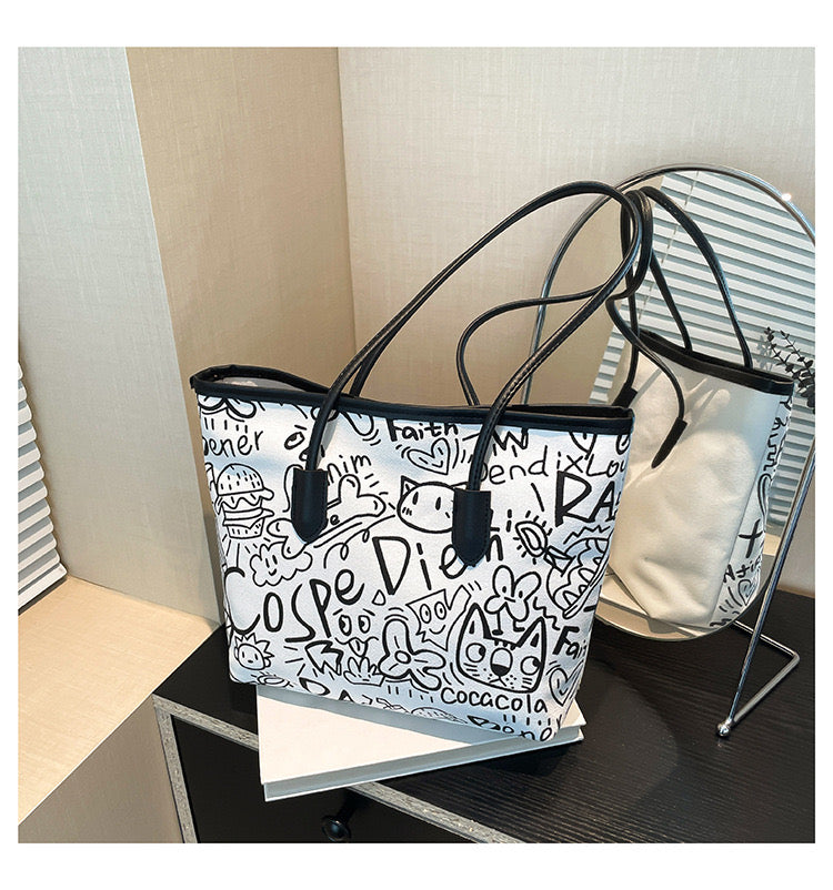 👜 Tote Bag Graphique – Noir / Rose / Blanc