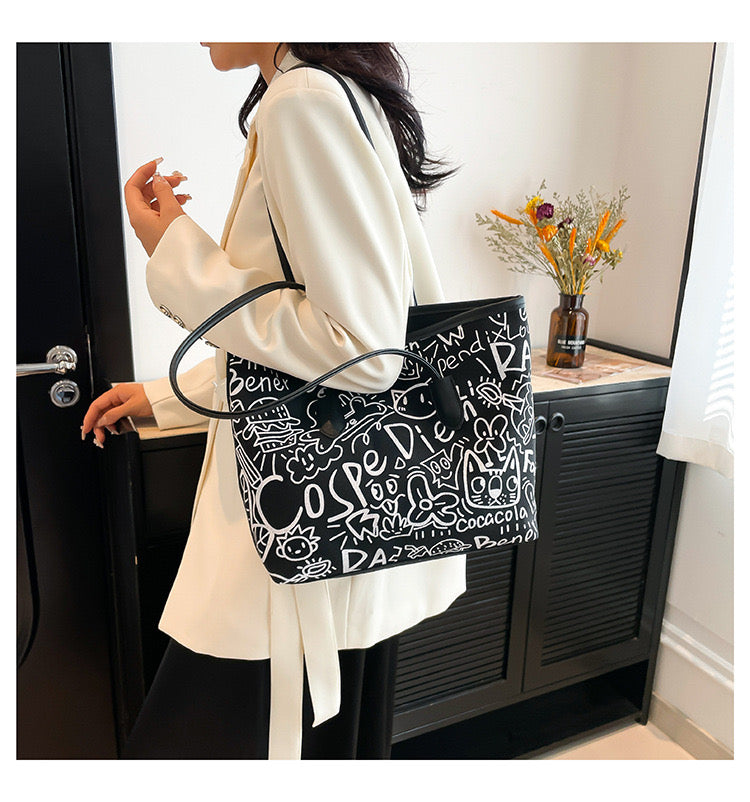 👜 Tote Bag Graphique – Noir / Rose / Blanc